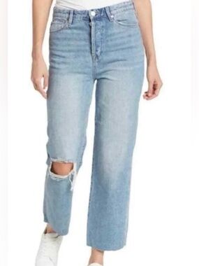 Blank NYC The Baxter Ribcage Straight Leg High-Rise Blue Jeans with Knee Rip 32